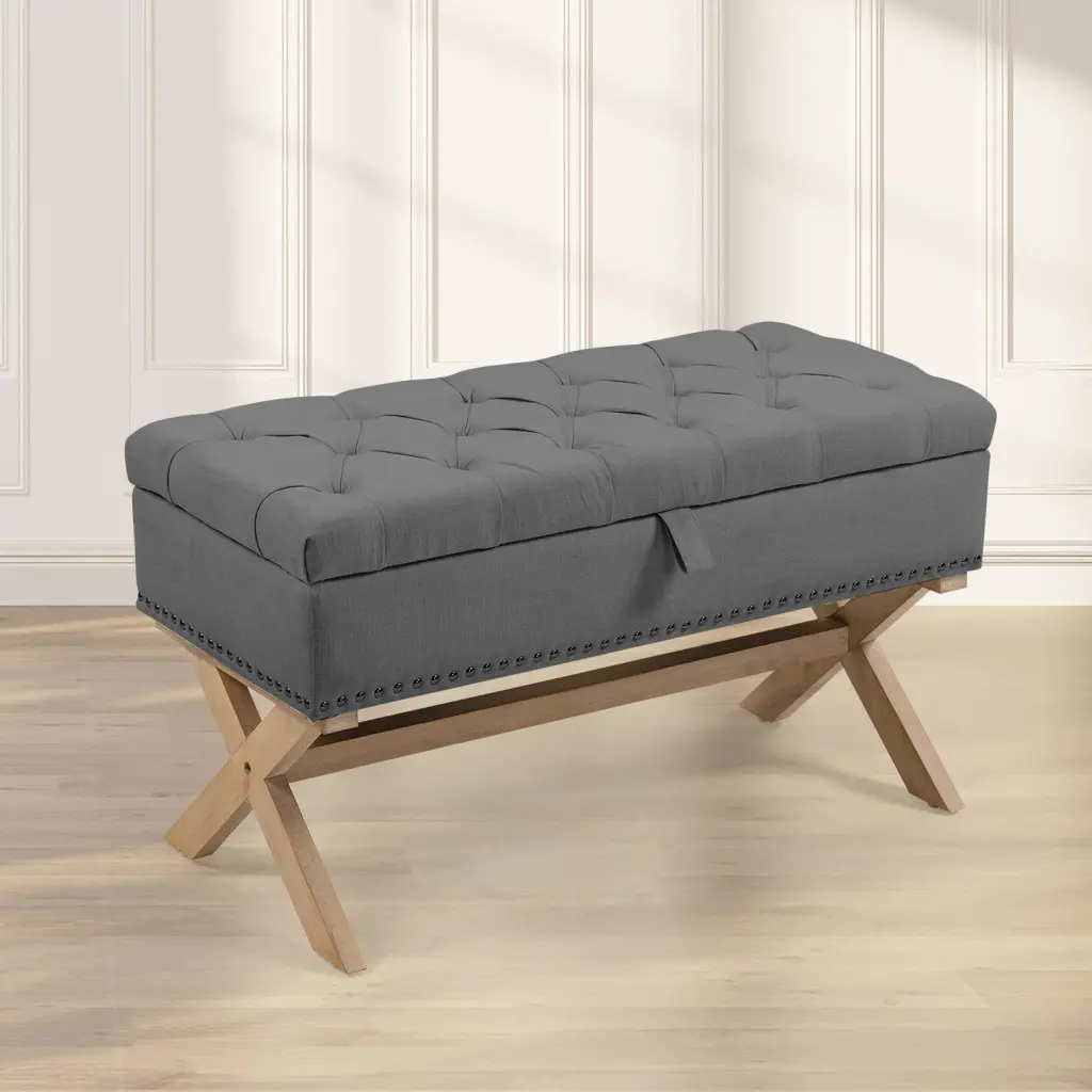 35 Inch Storage Ottoman Button Tufted Ottoman Linen Storage Bench Living Room rnb