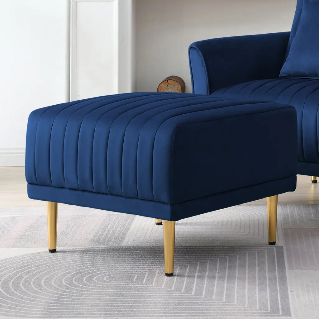 Navy Blue Channel Tufted Ottoman Bench Upholstered Velvet Footrest Stool ui furniture
