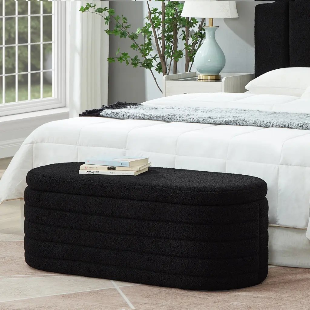 Modern Oval Storage Ottoman Bench Upholstered Boucle Teddy Fabric End wm home furniture