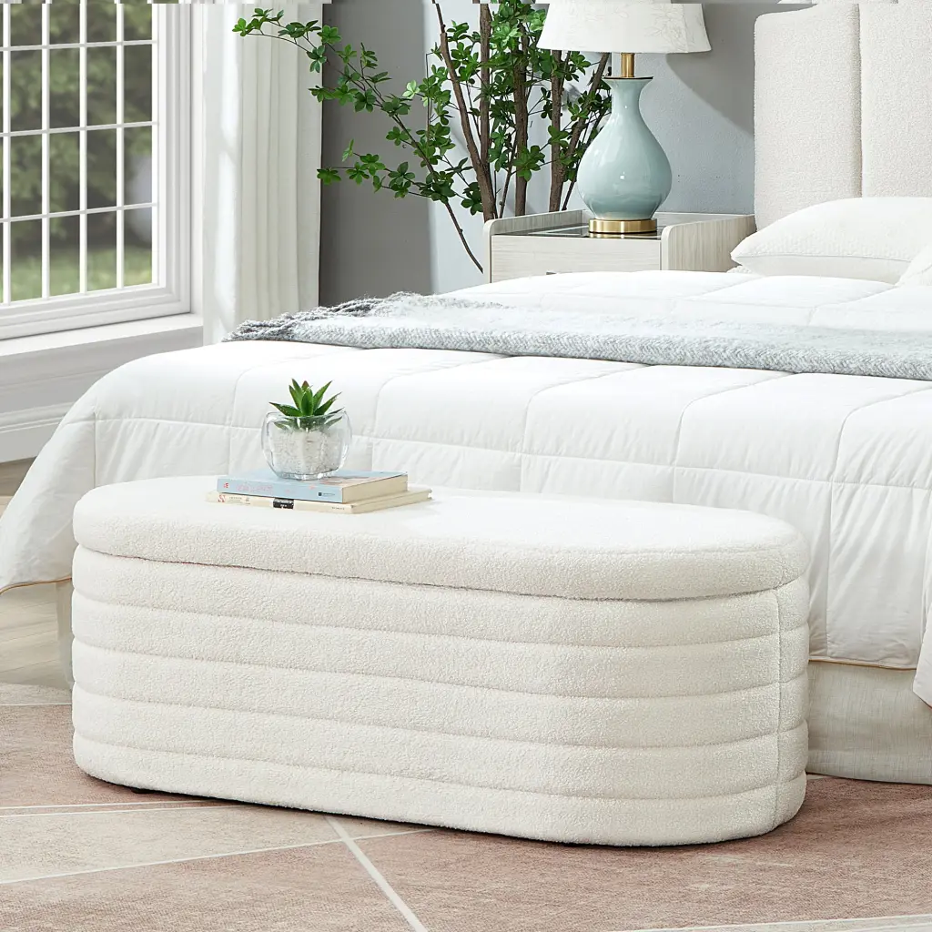 Modern Oval Storage Ottoman Bench Upholstered Boucle Teddy Fabric wm home furniture