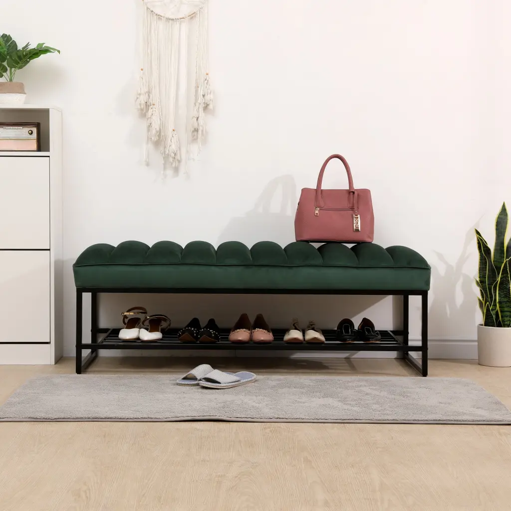 Green Velvet Channel Tufted Ottoman Bench Accent Upholstered Bedroom yiqiumi furniture