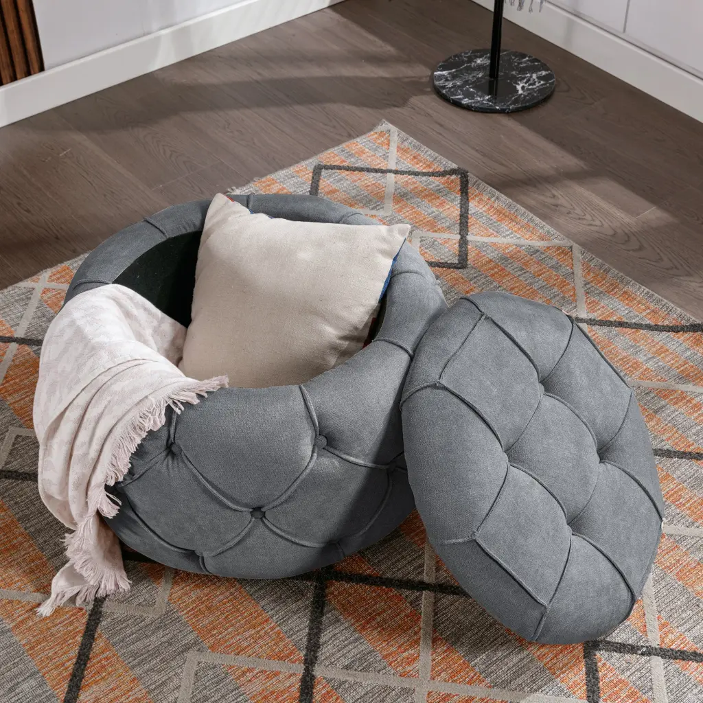 Large Button Tufted Round Storage Ottoman Living Room & Bedroom zen zone