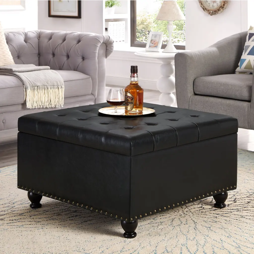 Large Square Storage Ottoman Wooden Legs Upholstered Button Tufted wm home furniture