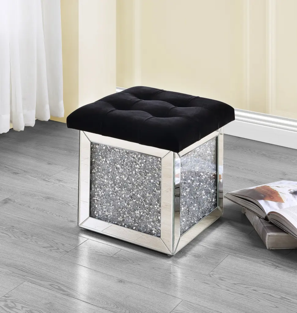 Noralie Ottoman Storage Mirrored Faux Diamonds Silver Glass acme onsite store