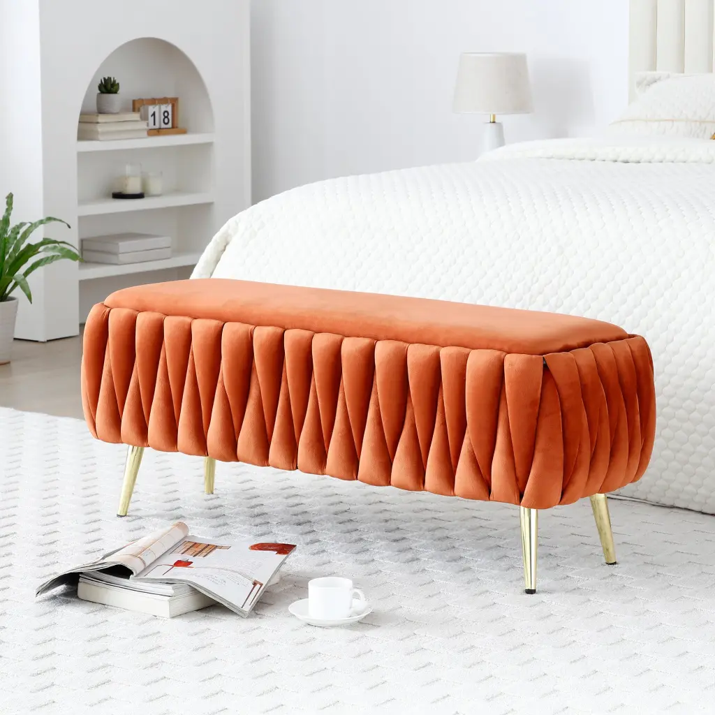Oval Storage Bench Gold Legs Velvet Fabric Woven Upholstered Ottoman Living Room aijiafurniture
