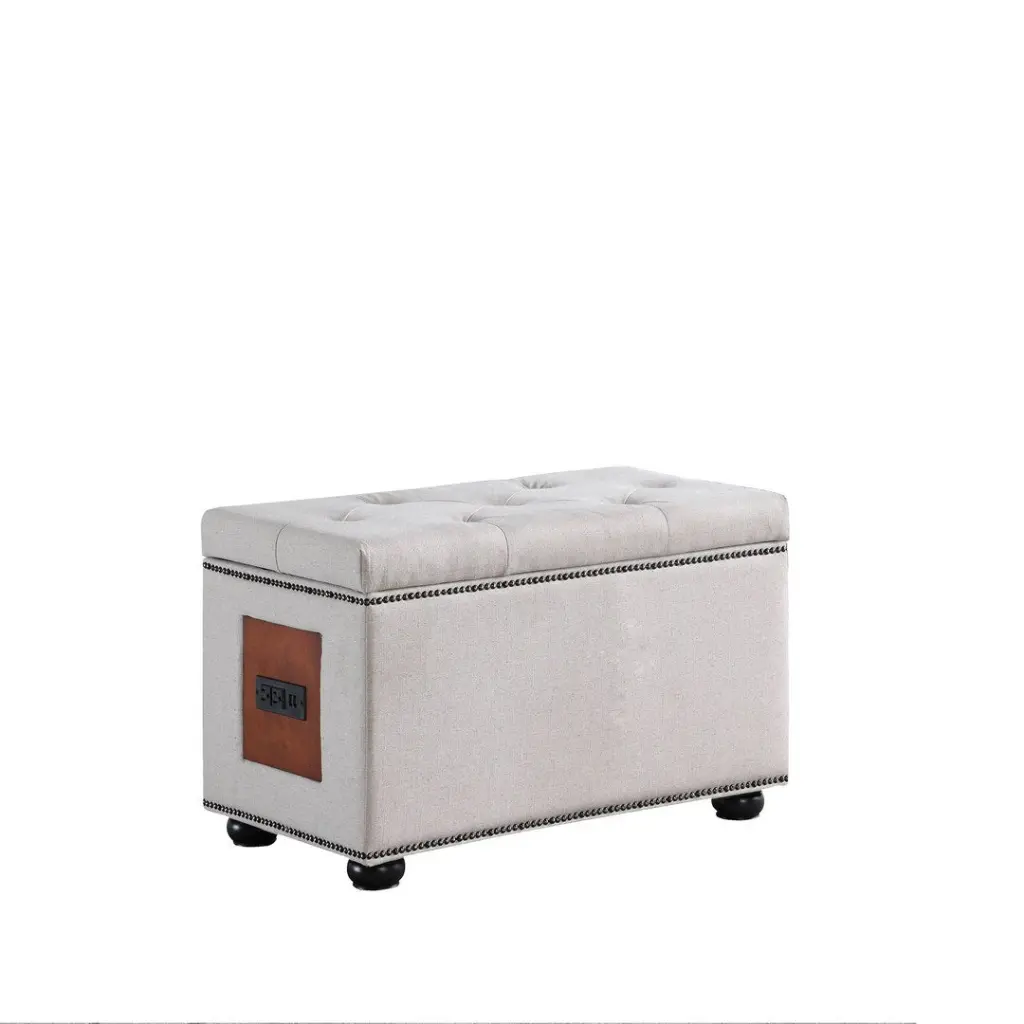 19 Inch Khaki Brown Teri Tufted Trim Storage Ottoman Charging Station california home