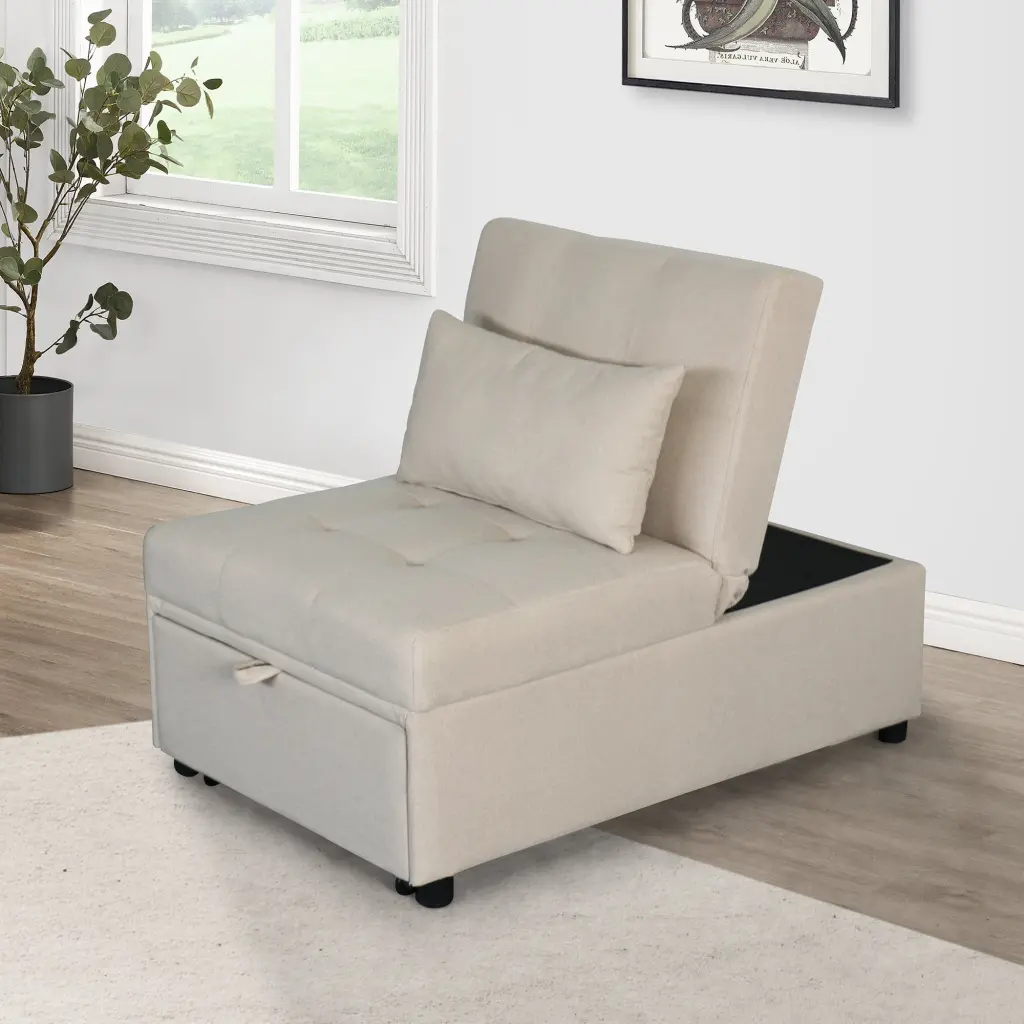 Folding Ottoman Sofa Bed Beige Wood civilfurniture