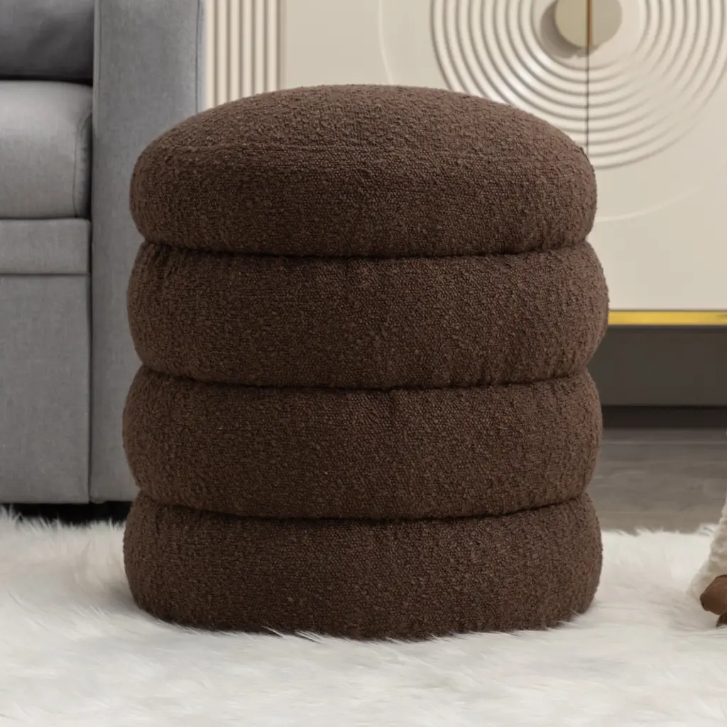 Soft Boucle Round Ottoman Footrest Stool Brown dg collection