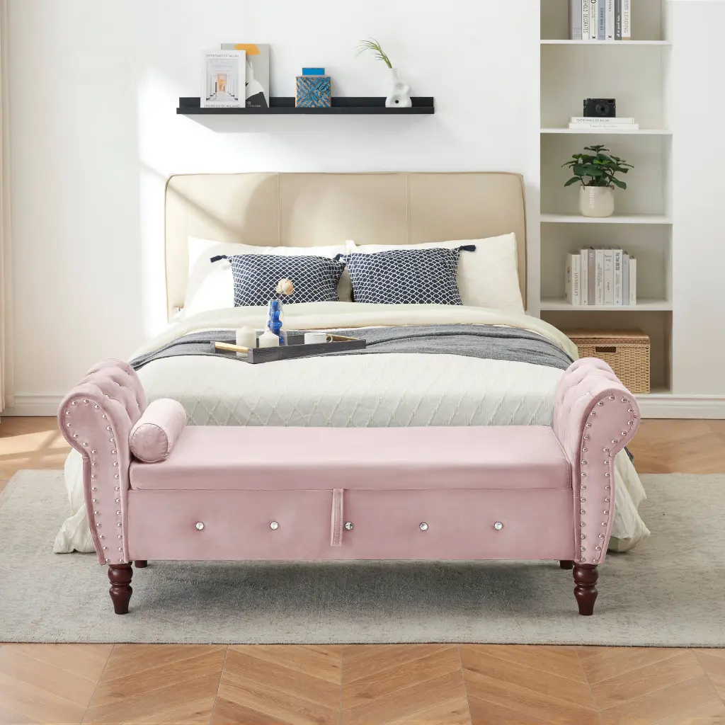 63.38 Inch Velvet Multifunctional Storage Rectangular Ottoman Bench Cushion fj furniture