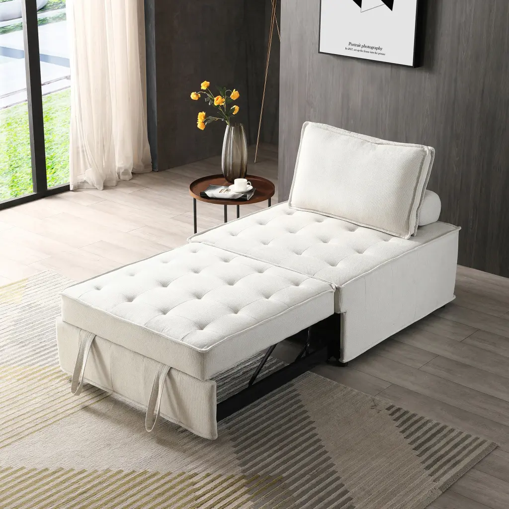 Multipurpose Linen Fabric Ottoman Lazy Sofa Pulling Out Sofa Bed Beige Convertible Furniture hdf store