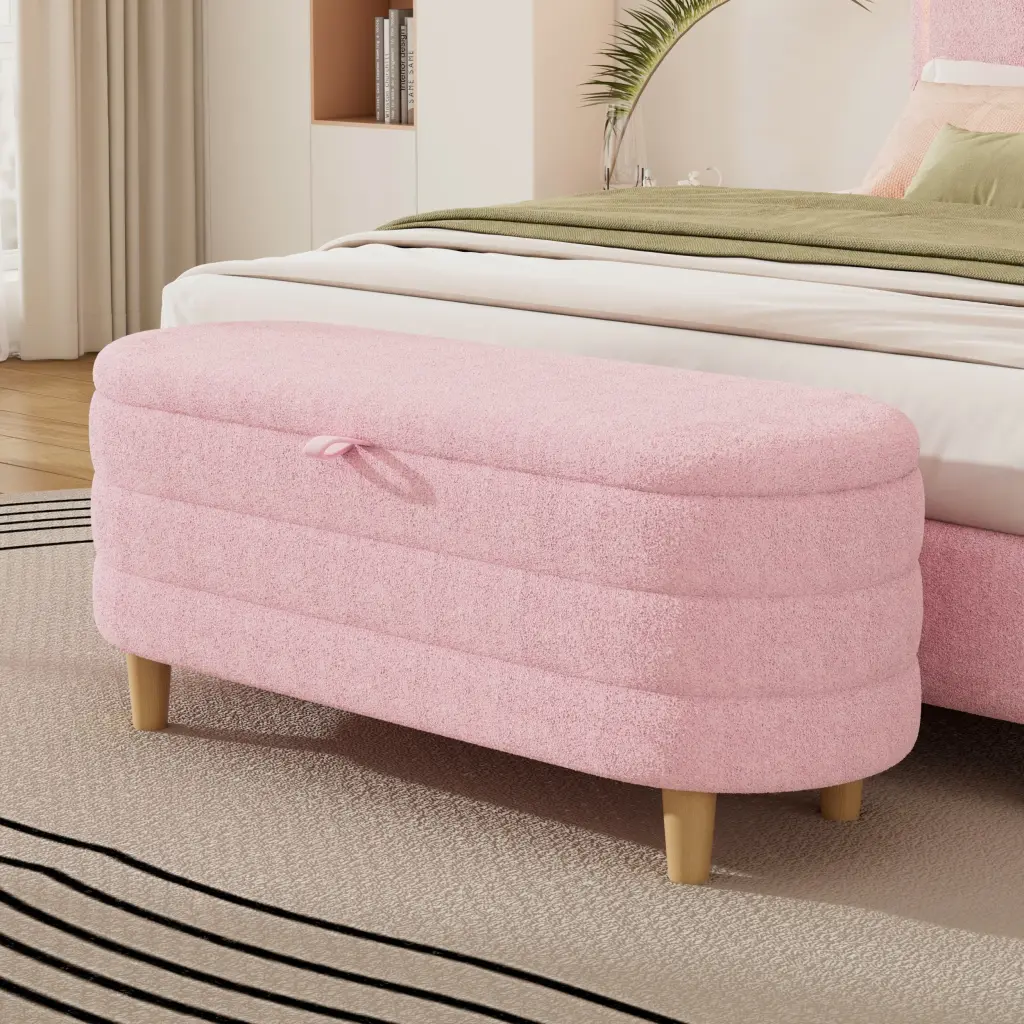 Elegant Upholstered Sherpa Fabric Storage Ottoman Wood Legs Living Room homey life