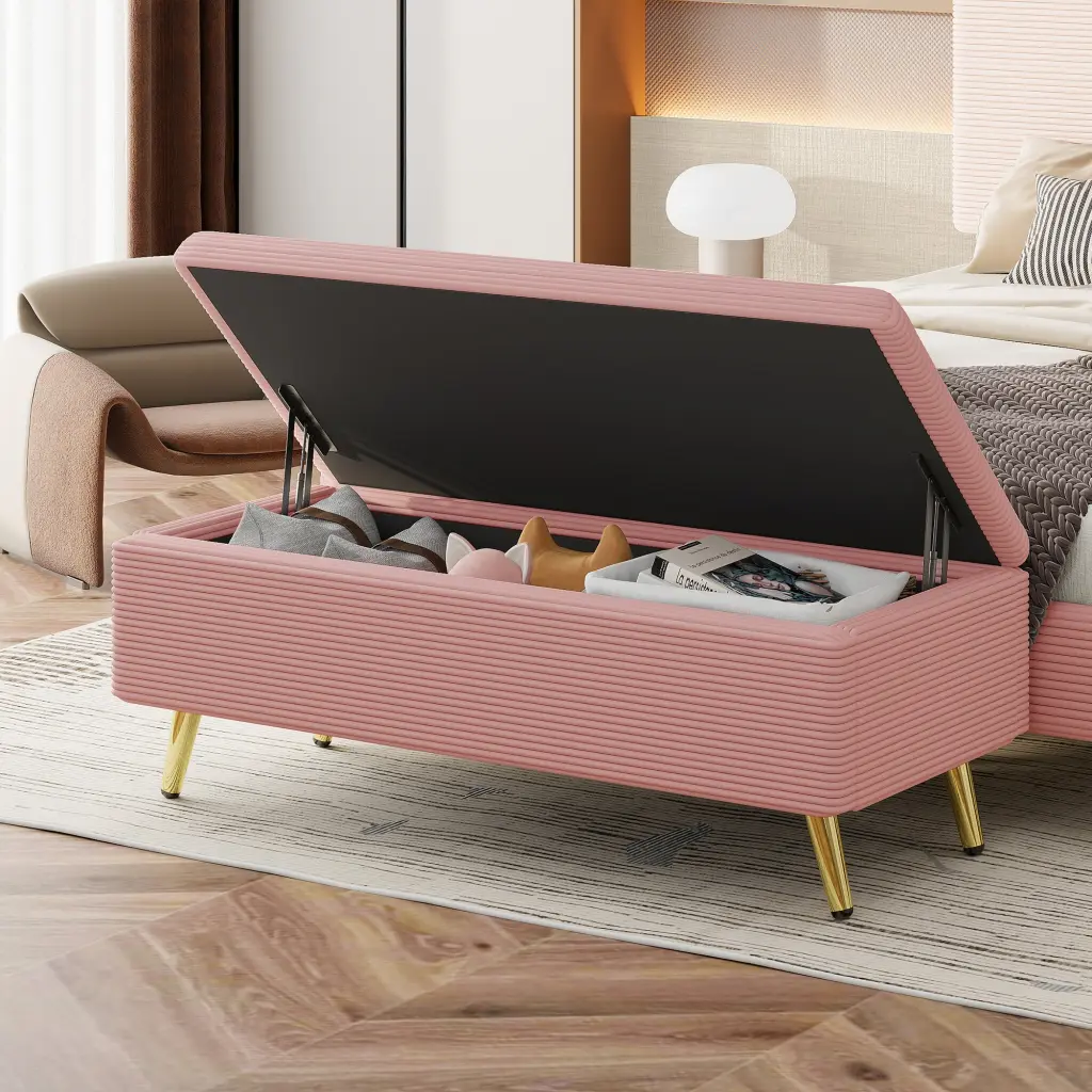 Modern Corduroy Upholstered Ottoman Metal Legs and Storage Bench homey life