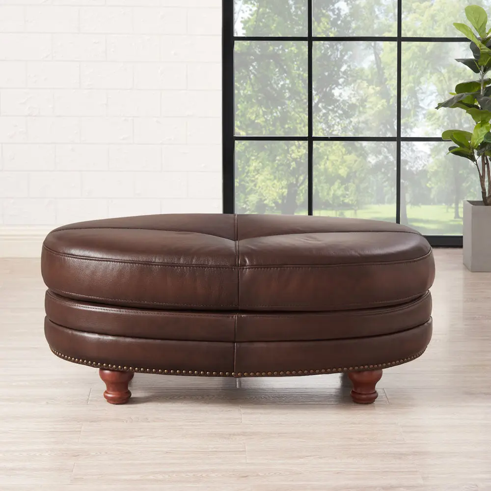 Belfast Leather Ottoman Wood Primary Living Space Solid Brown Eucalypt hydeline furniture