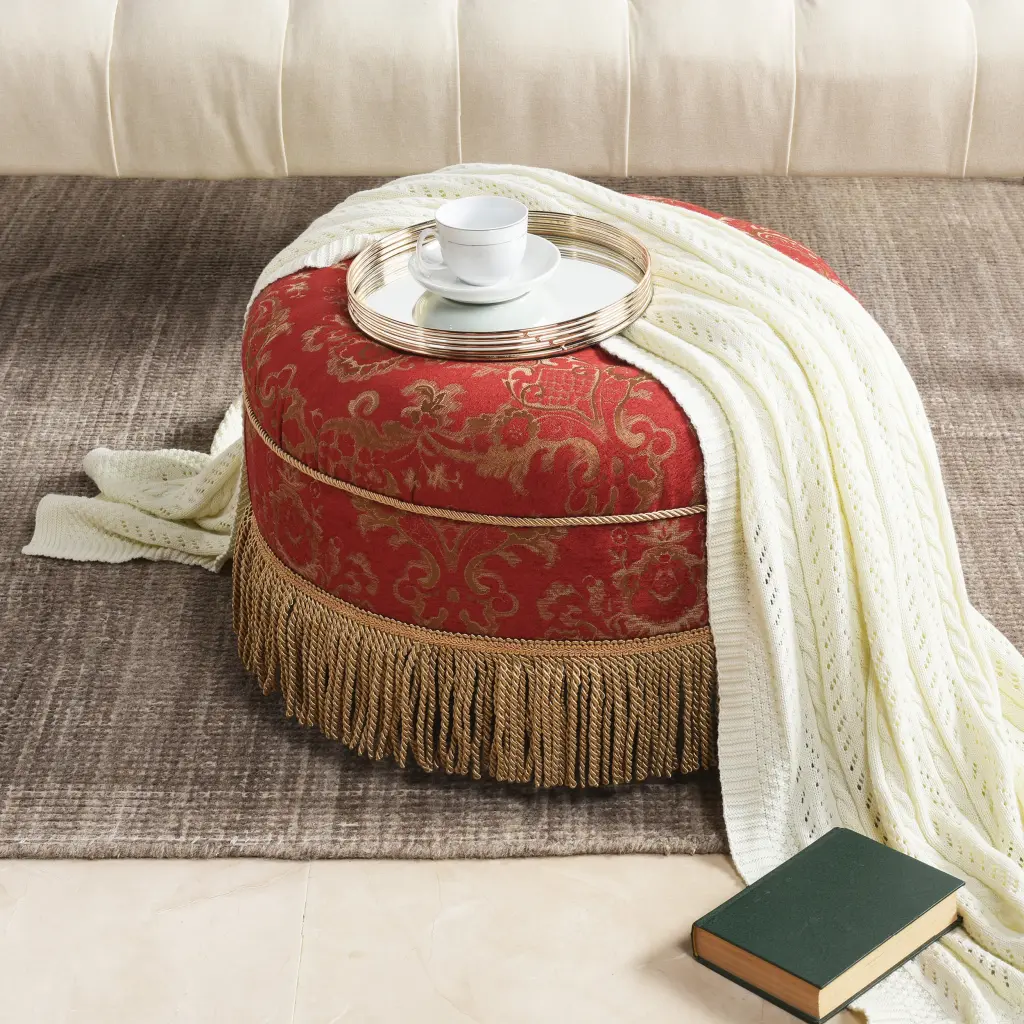 Yolanda 24 Inch Round Upholstered Accent Ottoman Red Gold Da Jacquard jennifer taylor home