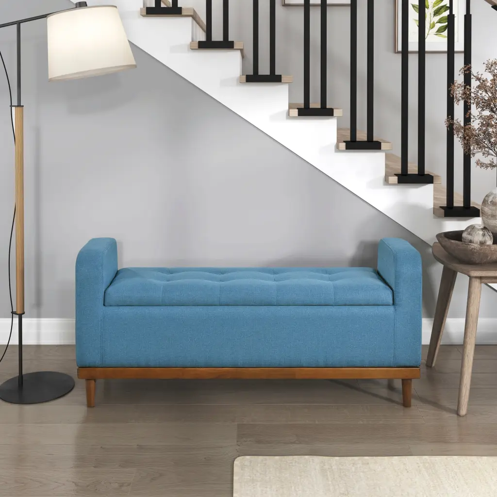 Mid Century Modern Lift Top Storage Bench Tufted Blue Upholstered Ottoman kanepe