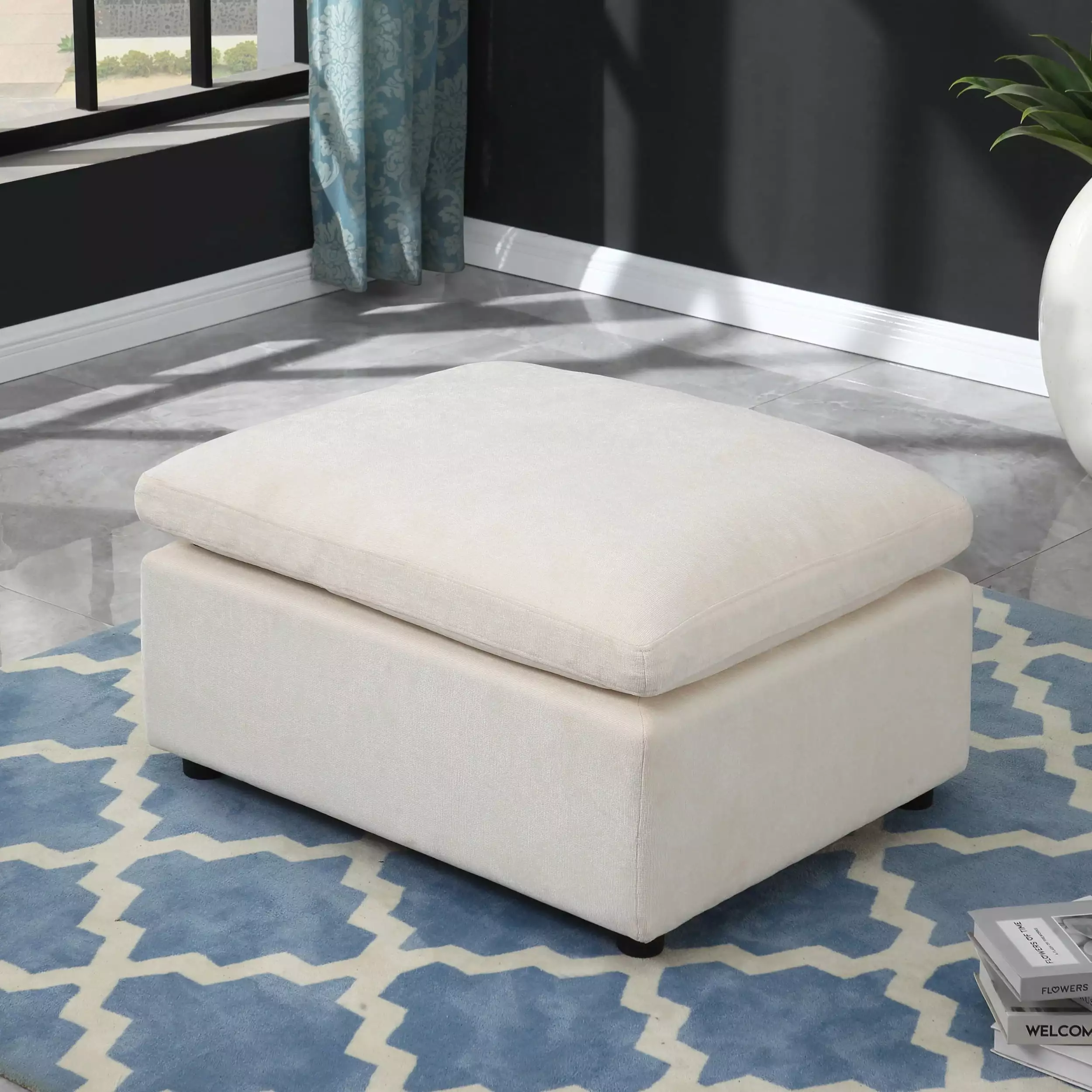 Modern Upholstered Square Modular Ottoman Sectional Sofa Chenille Beige