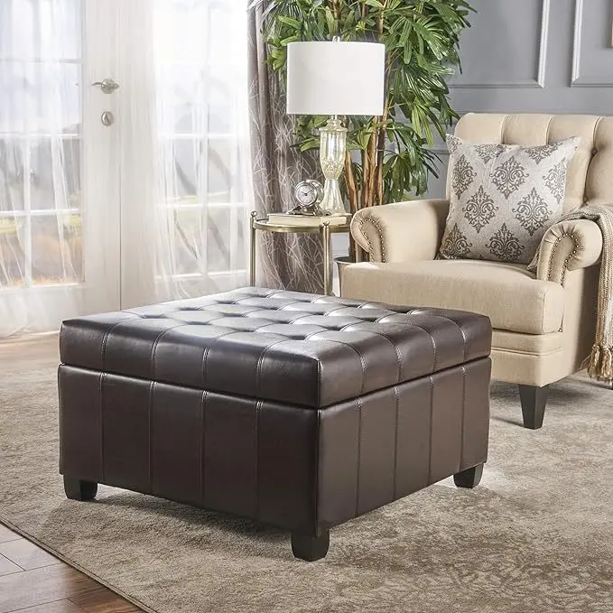 Isabella Ottoman Brown PU Leather Storage Footrest Stool Living Room nh-an