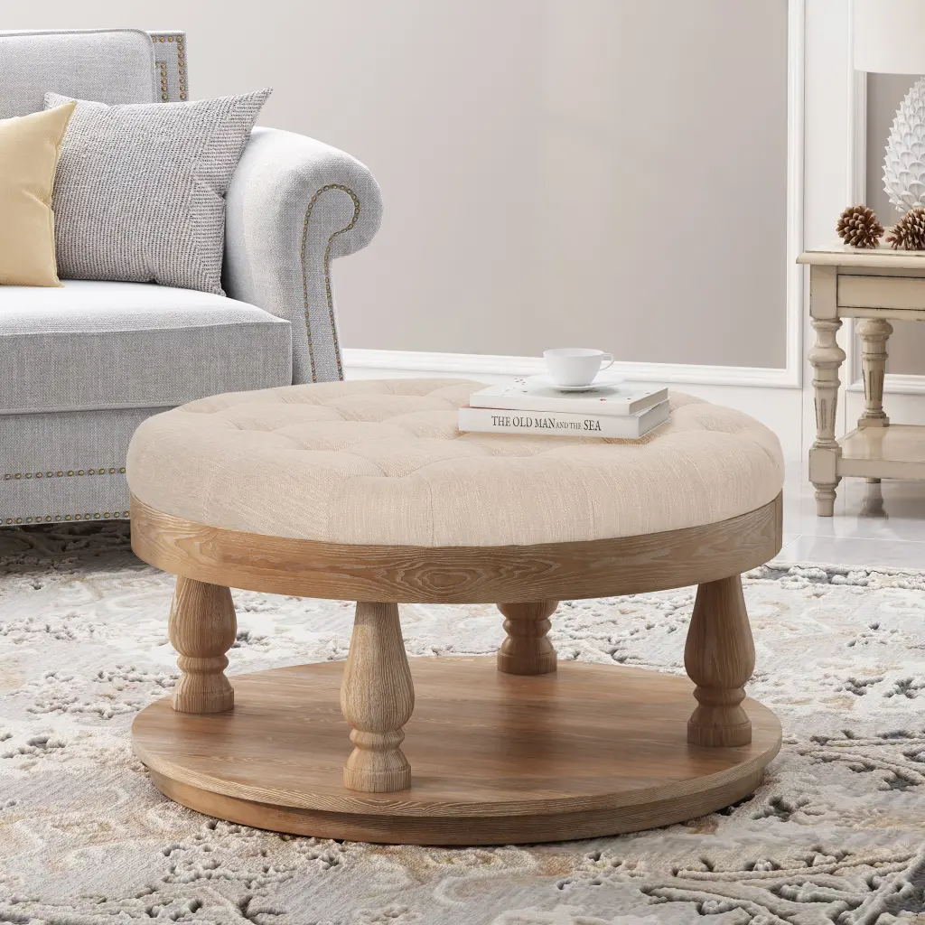 Ottoman Beige Fabric Living Room Footrest and Extra Seating nh-an