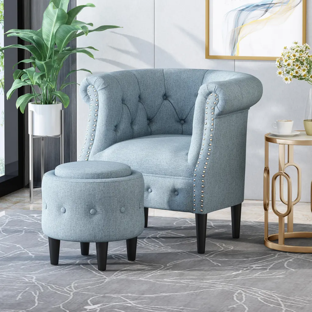 Light Blue Fabric Chair Ottoman Comfortable Seating and Relaxation nh-home living