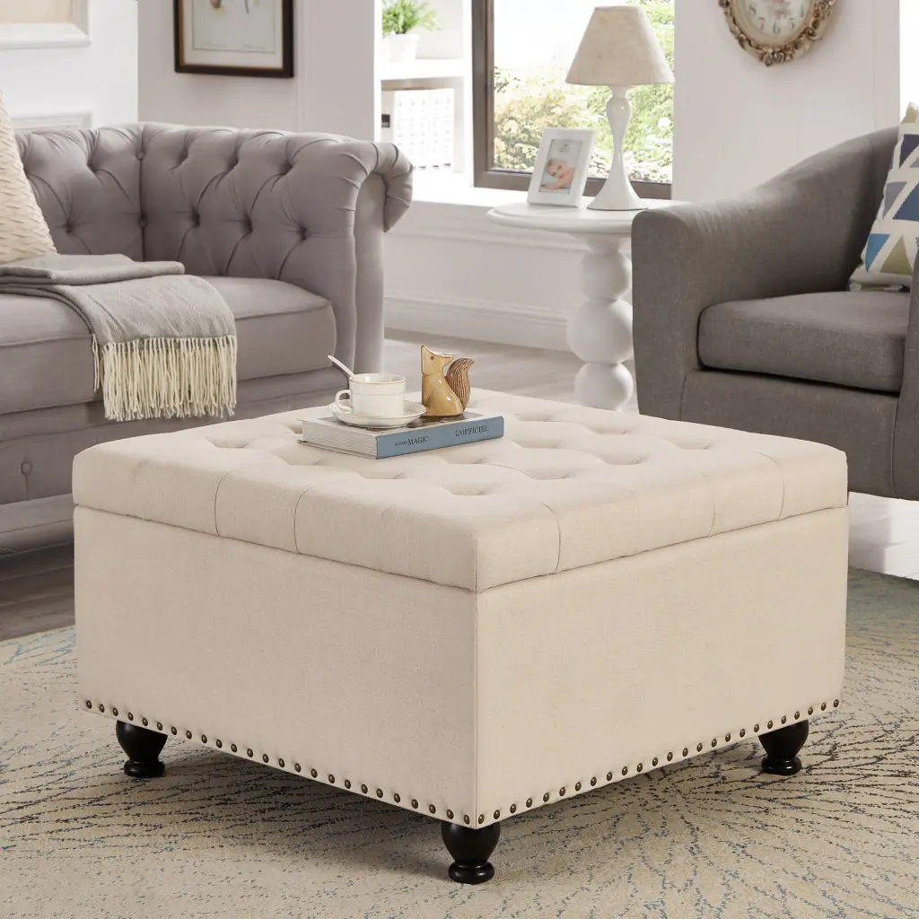 Large Square Storage Ottoman Wooden Legs Upholstered Button Tuft Living Room wm home furniture