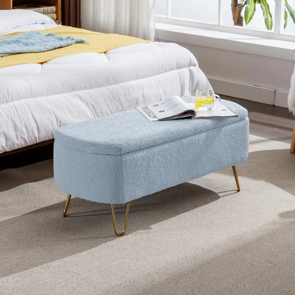 Blue Storage Ottoman Bench Gold Legs Modern Grey Faux Leather zen zone