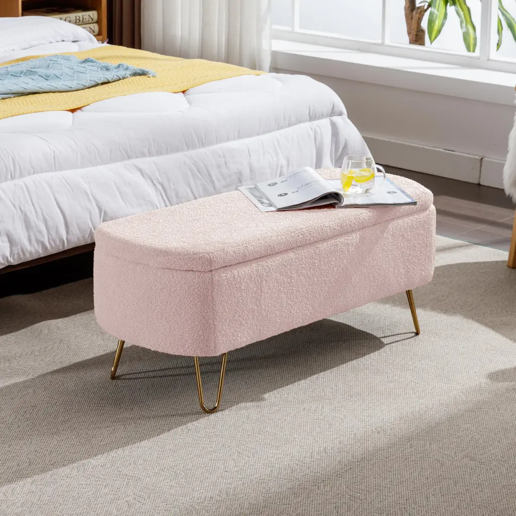 Pink Storage Ottoman Bench End Bed Gold Legs Modern Grey Faux Leather zen zone
