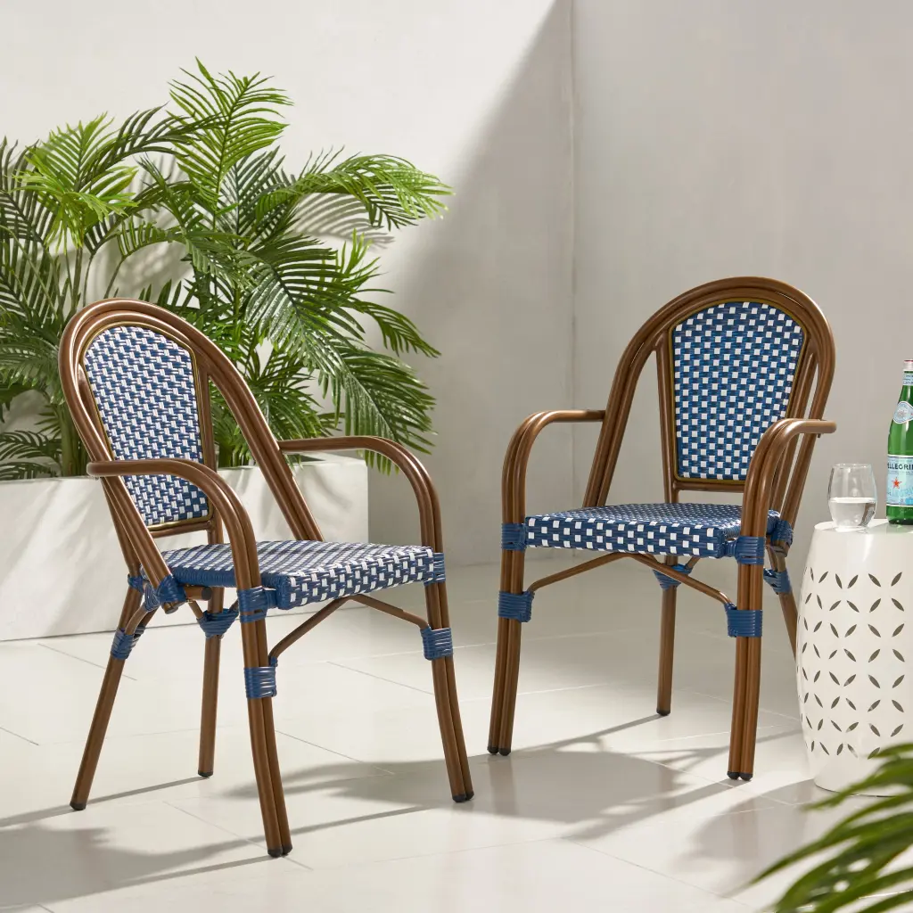 Bistro Chair White Navy Rattan Outdoor Dining Chair Patio Furniture nh-gardenpara