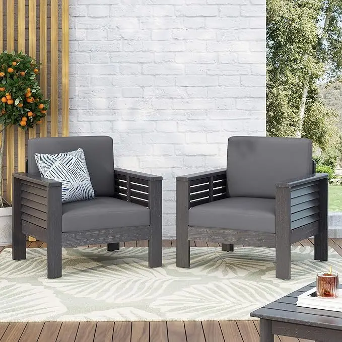 Set 2 Outdoor Acacia Wood Club Chairs Cushions Dark Gray nh-onfind