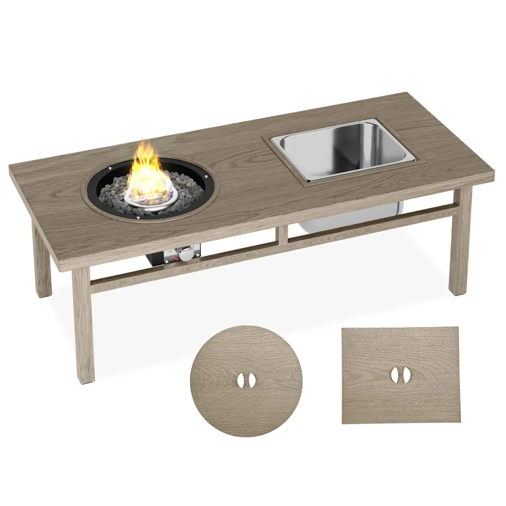 3 1 Coffee Table Ice Bucket and Fire Pit, Beige Aluminum Outdoor Furniture tradeber