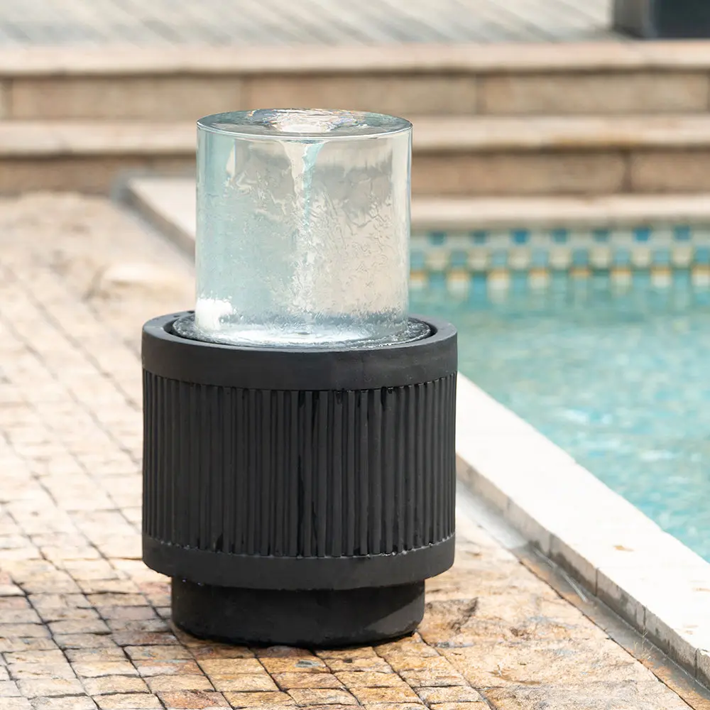 20X20X19.5 Heavy Cement Round Black Ribbed Outdoor Water Fountain w2078