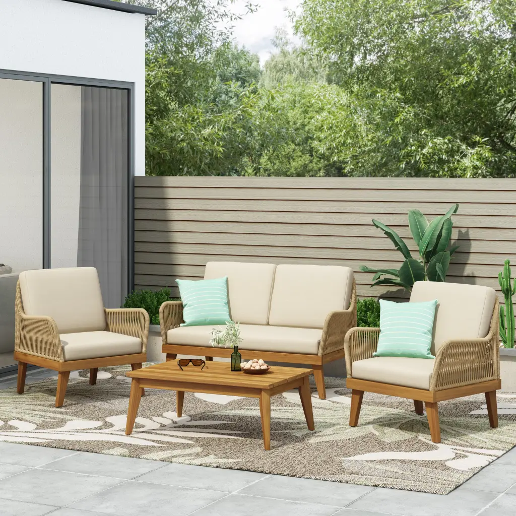 Annisa Chat Set Seat And Coffee Table 2 Club Chairs, Teak Acacia Wood Patio Furniture nh-sunfay