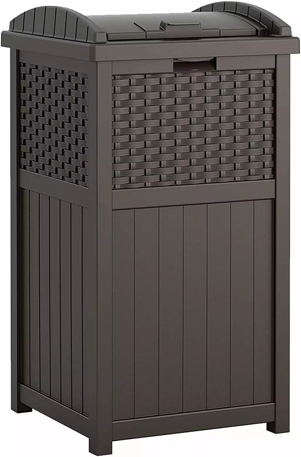 Suncast Hideaway Can Resin Outdoor Trash Lid Use Backyard. Deck. or Patio. 33 Gallon. Brown