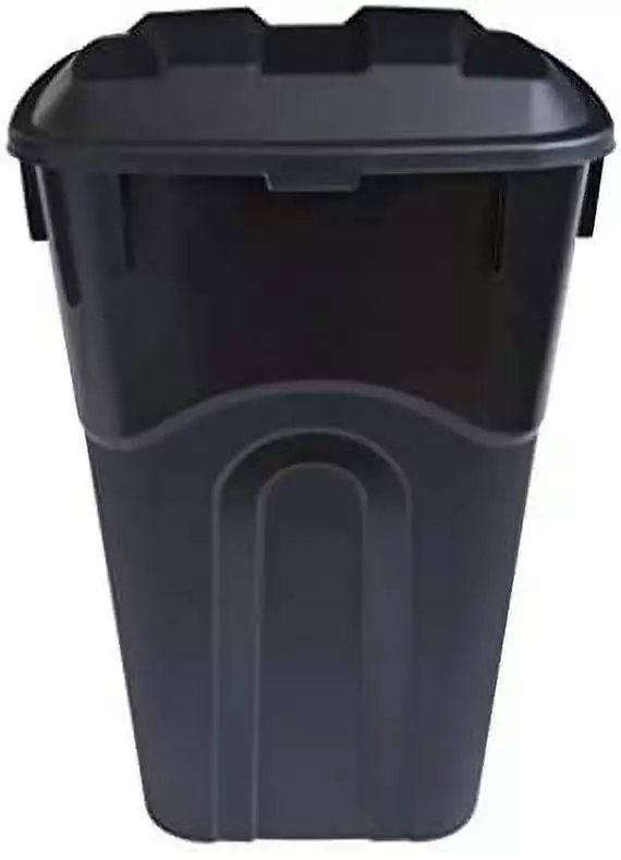 32 Gallon Outdoor Waste Garbage Bin Attached Lid. Heavy-Duty Handles. Snap Lock Lid. Wheeled Trashcan. Black United Solutions