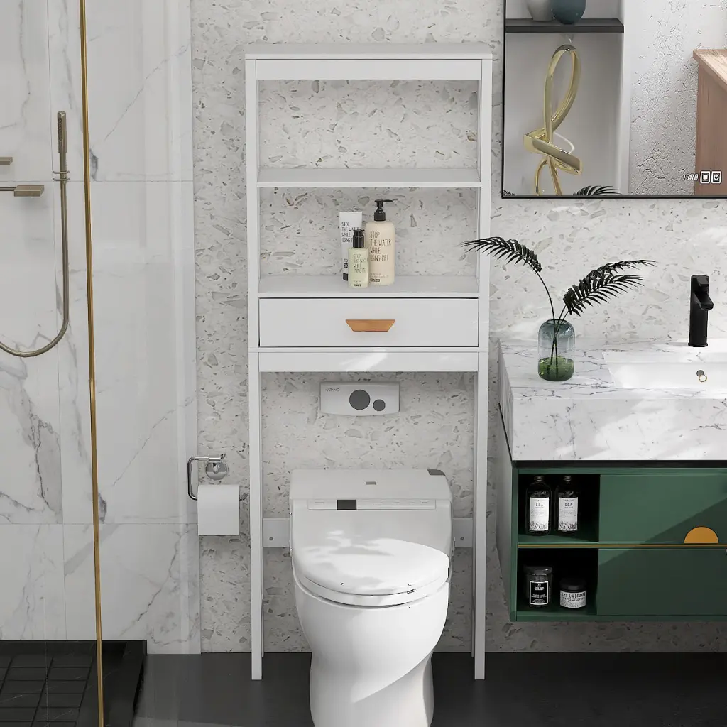 White Over Toilet Storage Cabinet Drawer and 2 Shelves Bathroom Organizer cl worthy houseware co.-ltd.