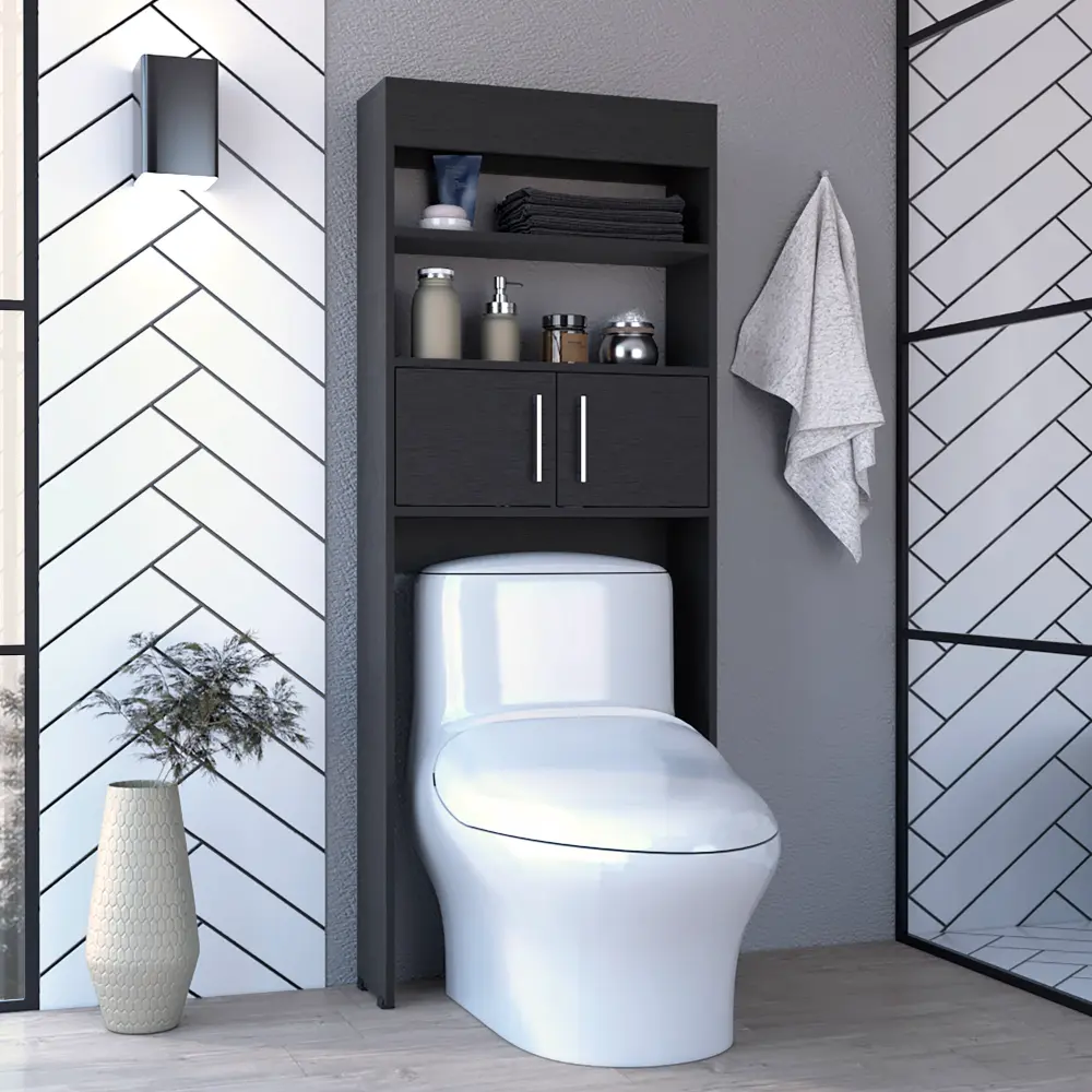 63 Inch Over Toilet Cabinet Two Shelves Double Door Black depot e-shop
