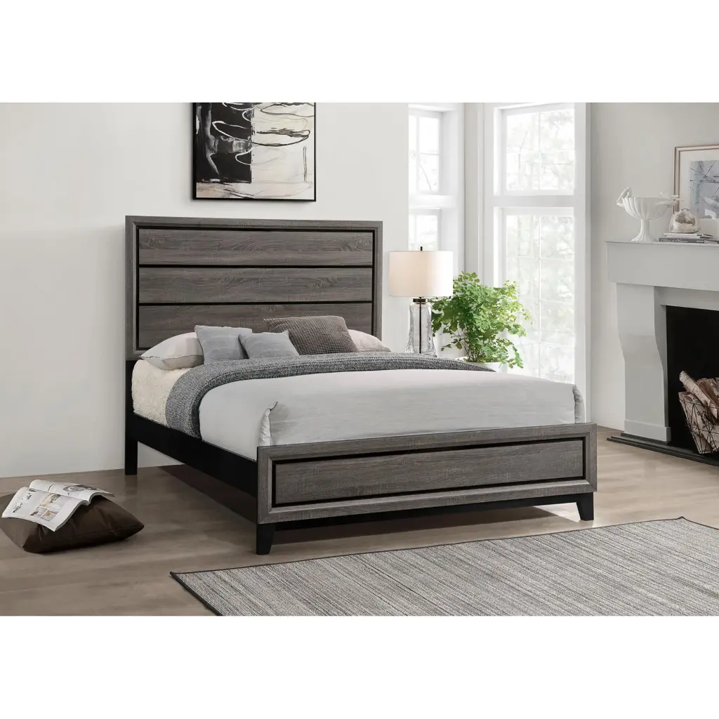 Rustic Grey Oak Queen Panel Bed Box Spring Required Grey Wood Bed Frame furniture max