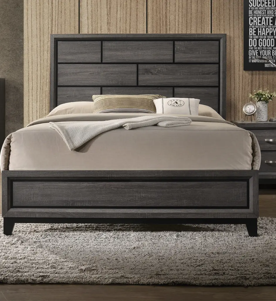 Contemporary Gray Finish Queen Size Panel Low Profile Bed Geometric Design kanepe
