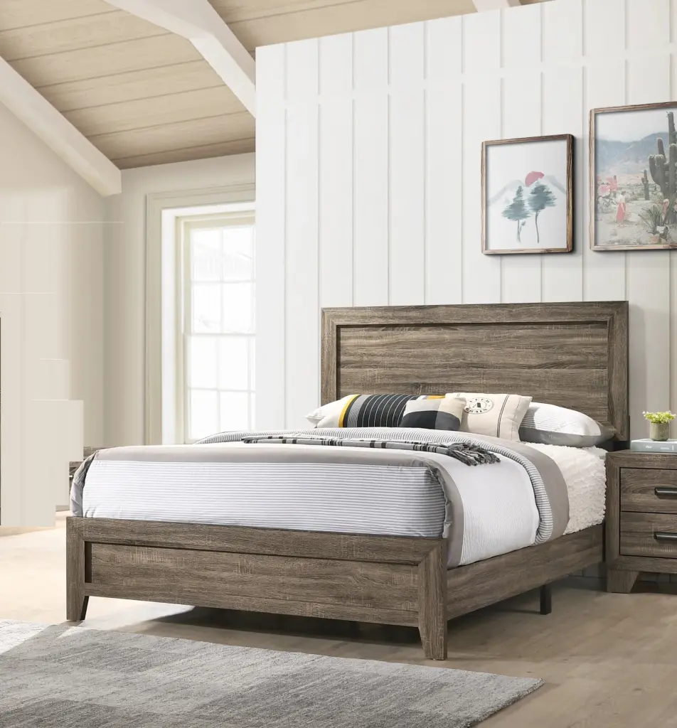 Grey Finish Fabric 1Pc King Size Panel Bed Wooden Bedroom Furniture kanepe