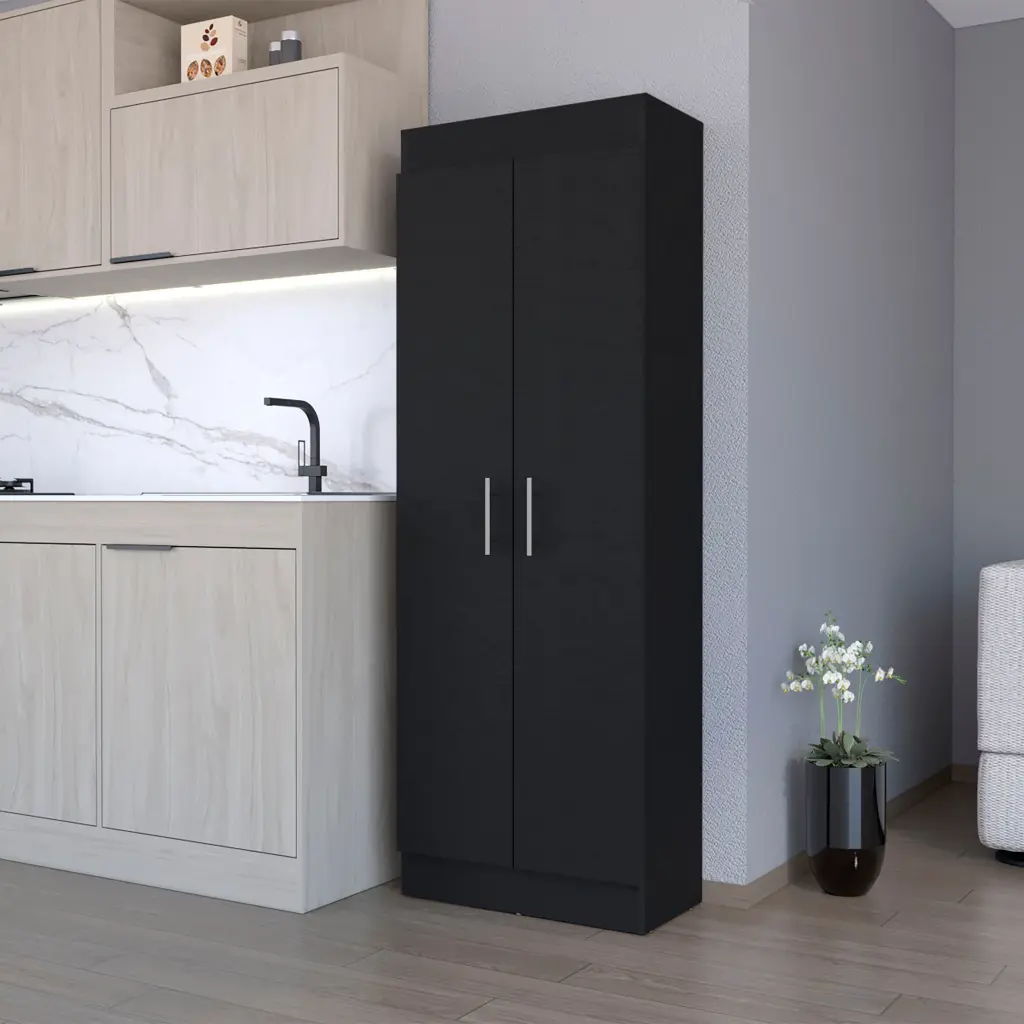 Dawson Pantry Cabinet Polished 5 Shelf Storage Black Kitchen Organizer fm furniture