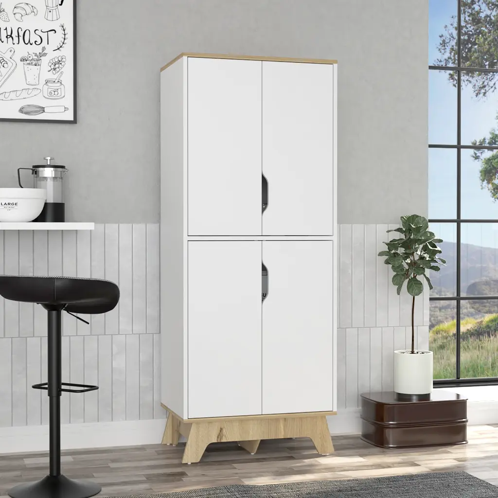 Brinnon Rectangle Kitchen Pantry Light Oak and White Particle Board Storage Cabinet furniture max