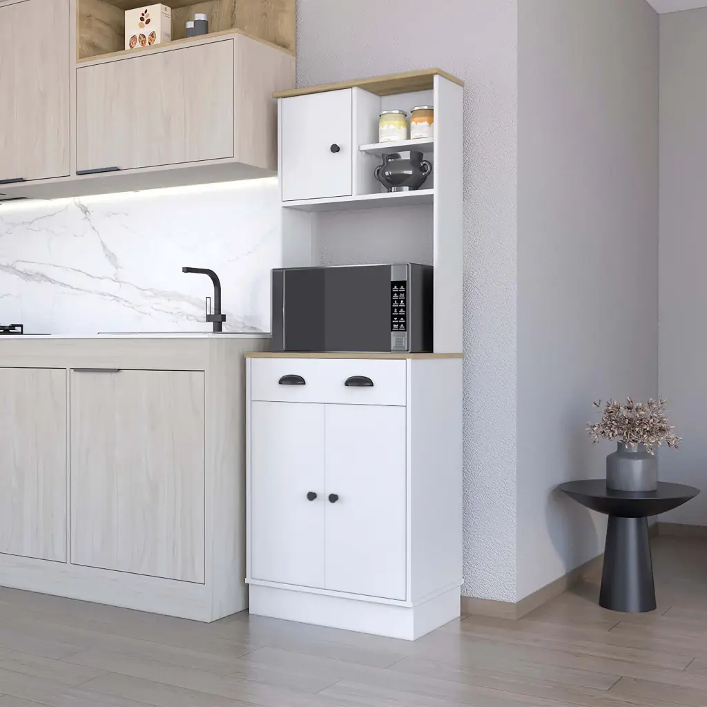 Palmer 2 Door Cabinet Microwave Kitchen Pantry White And Macadamia Finish furniture max