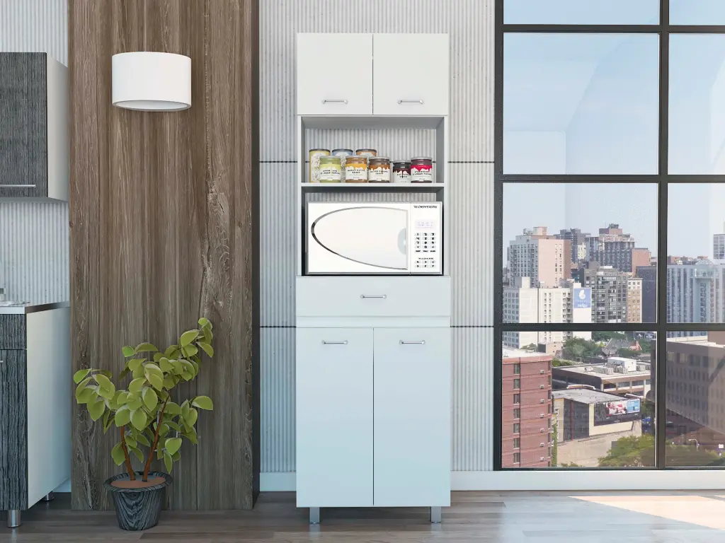 Pembrooke 2 Shelf 1 Drawer Microwave Pantry Cabinet White White Particle Board Kitchen Storage furniture max