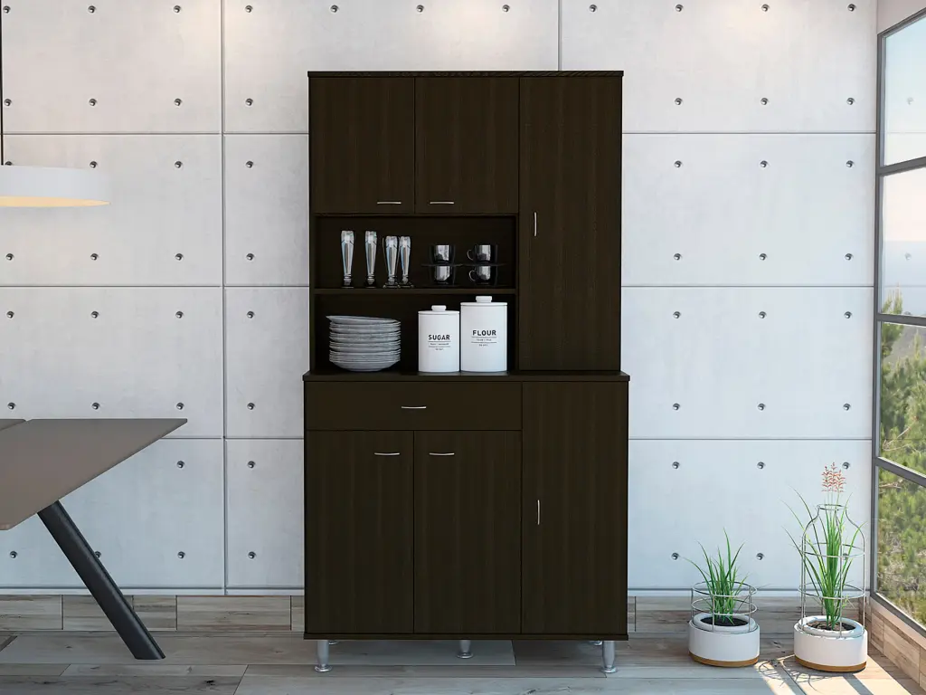 Tigard 1 Shelf 1 Drawer Pantry Cabinet Black Wengue Organized Kitchens furniture max