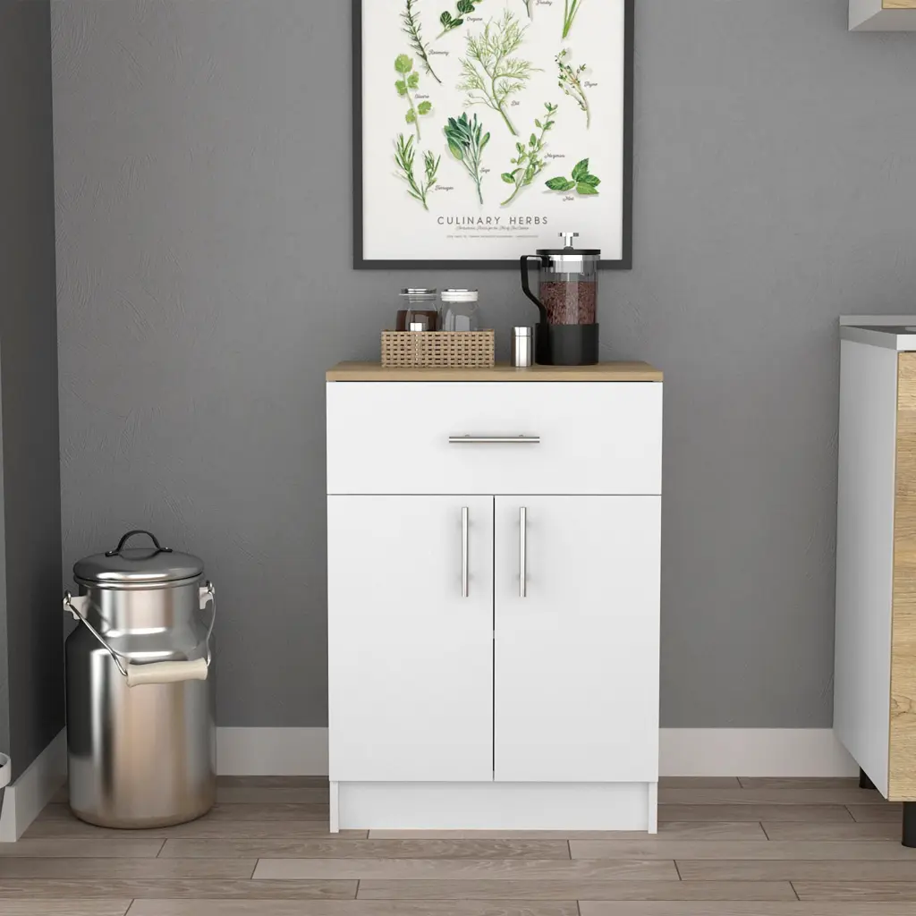Pantry Cabinet Metal One Drawer White Light Oak Finish treevol furniture