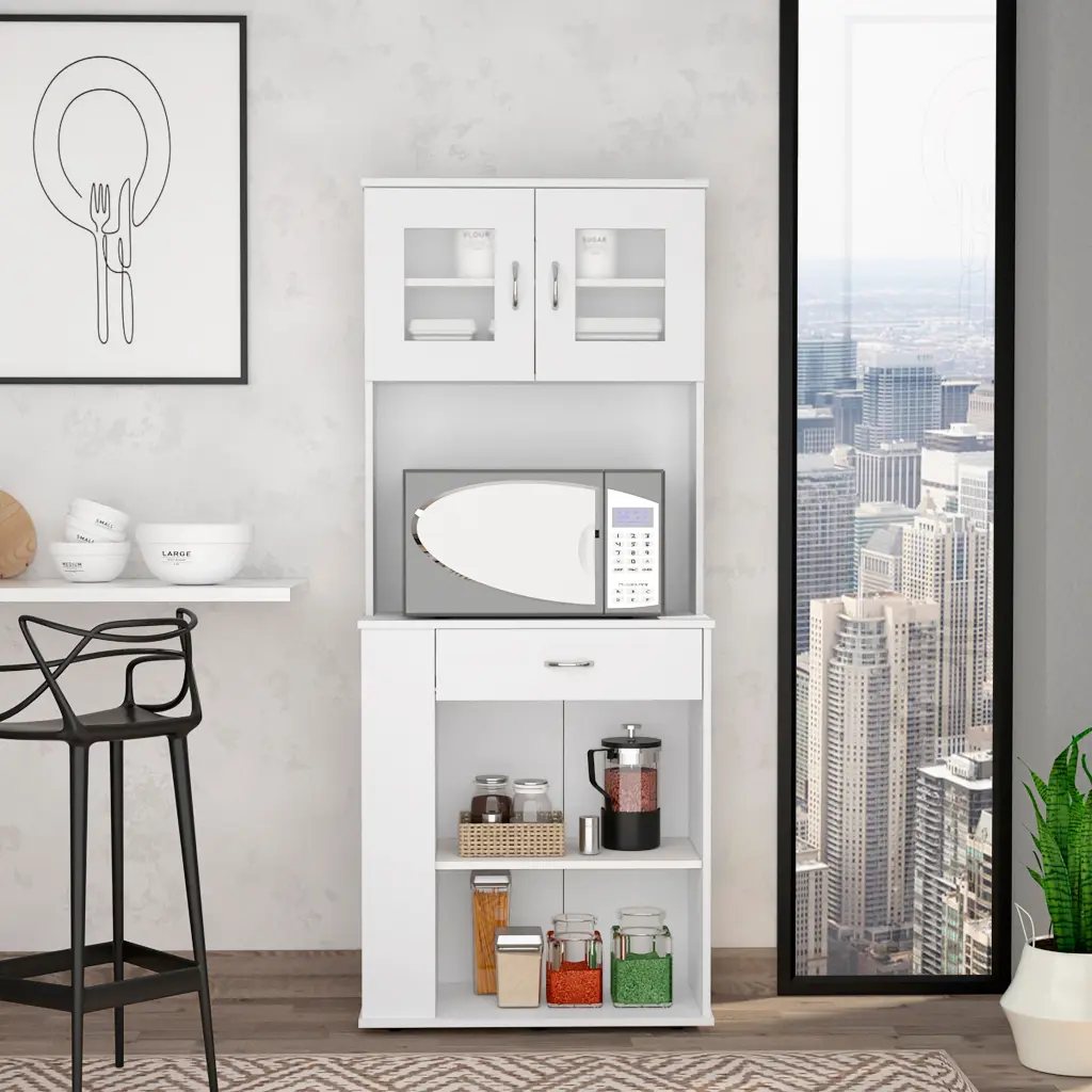 Pantry Double Door Cabinet Folbert Three Side Shelves White Finish Kitchen Storage treevol furniture