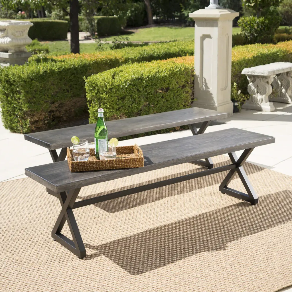 Outdoor Aluminum Dining Benches Steel Frame 2 Pcs Set nh-uhome