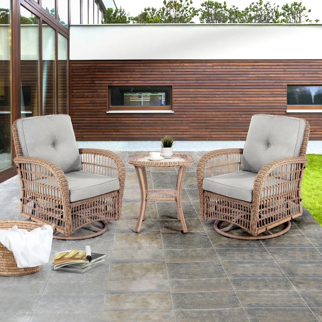 3 Piece Outdoor Wicker Swivel Rocking Chair Set Patio Bistro Table tradeber