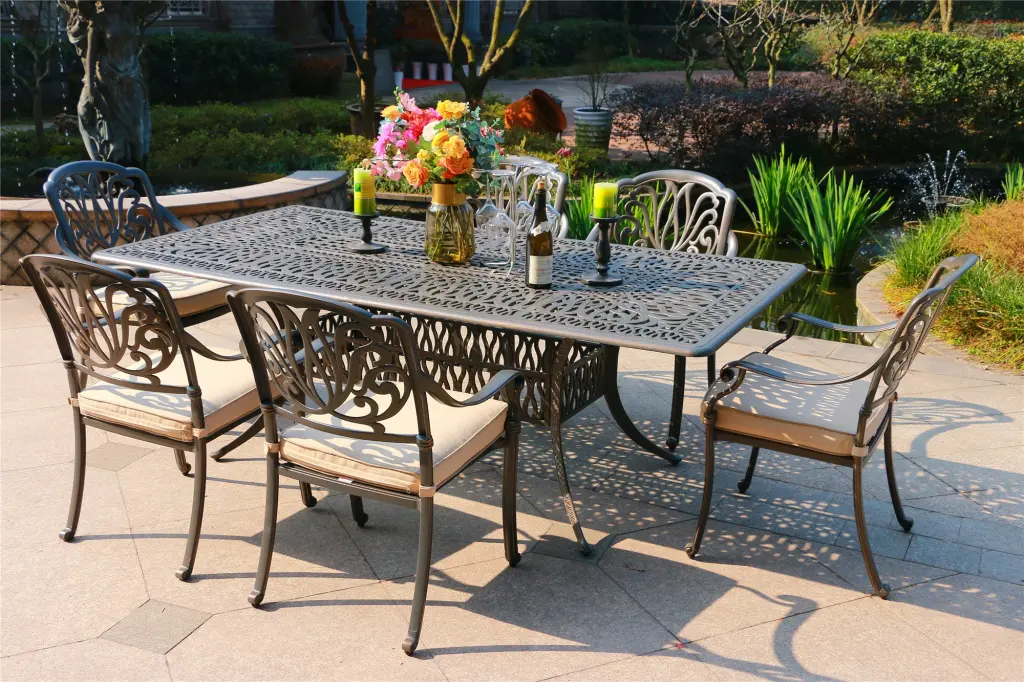 Rectangular 6 Person 84.2 Inch Long Dining Set Sunbrella Cushions Grey Outdoor Patio gathercraft