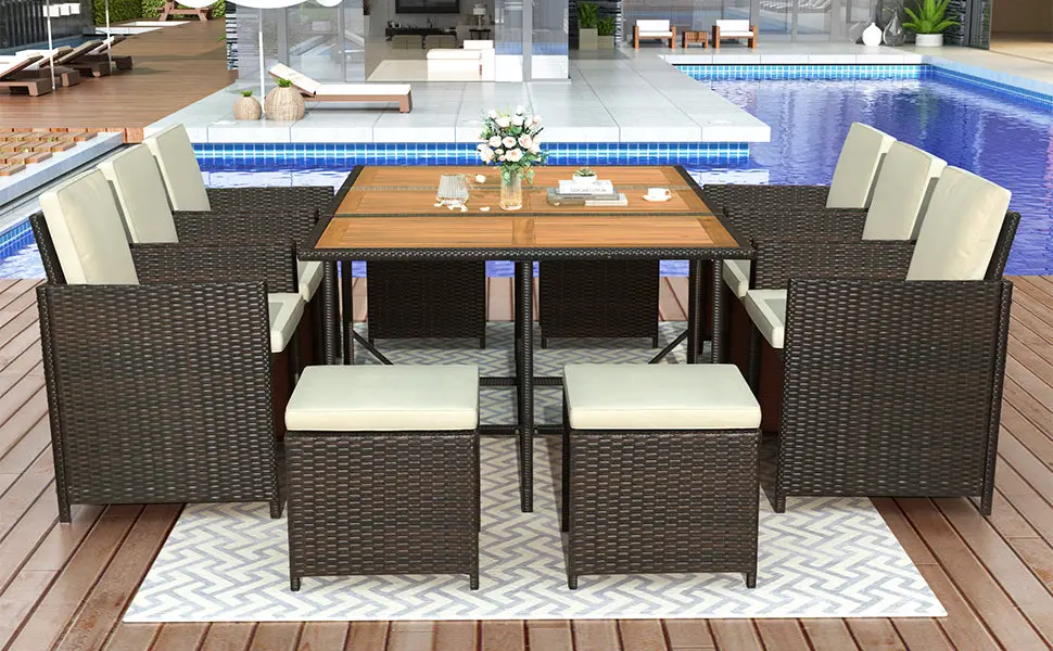 11 Piece Patio All Weather PE Wicker Dining Table Set Wood Tabletop topmax