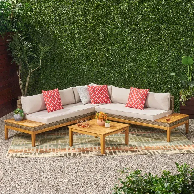 Loft Outdoor Acacia Wood And Wicker 5 Seater Sectional Sofa Set Teak Patio Furniture nh-an